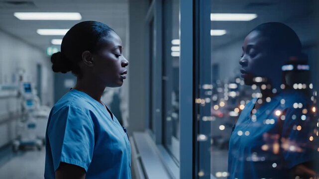 sad african female nurse in blue scrubs standing by window in dark hospital corridor. exhausted worker reflection. healthcare burnout, stress, depression concept. medical presentation.