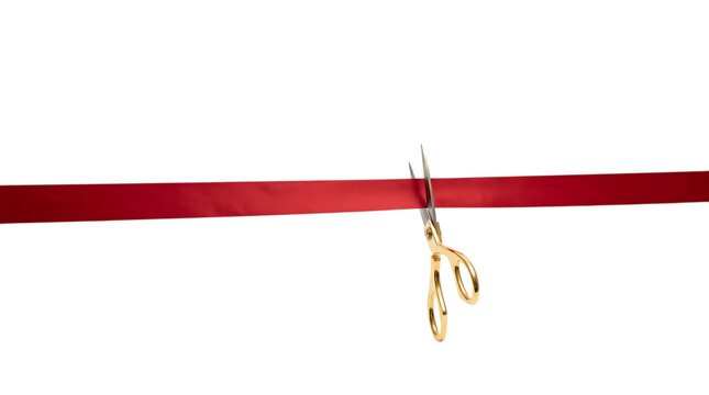 Golden Scissors Cutting Red Ribbon Isolated Transparent Background