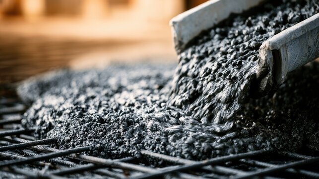 Wet concrete pours from a chute onto a metal grid