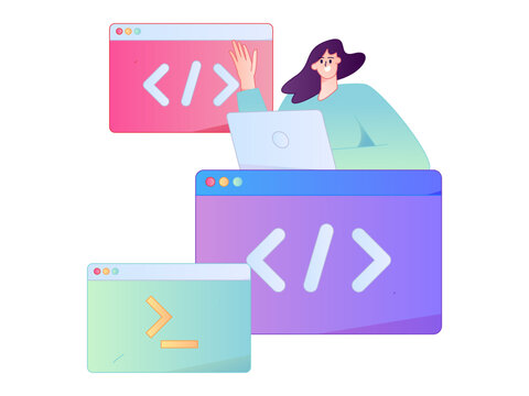 Programming teaching development flat character vector concept operation hand drawn illustration
