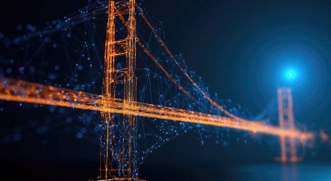 Illuminated digital network rendering of a suspension bridge against a dark background