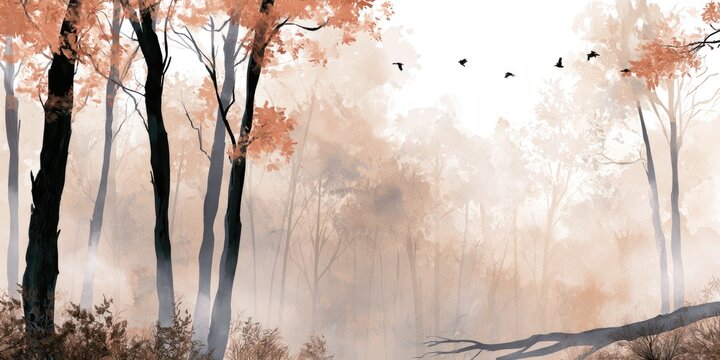 Misty autumn forest with silhouetted trees, fallen branches, and birds flying