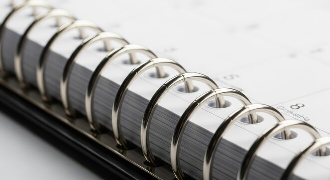 Close-up view of metallic rings binding a planner or calendar with blank pages