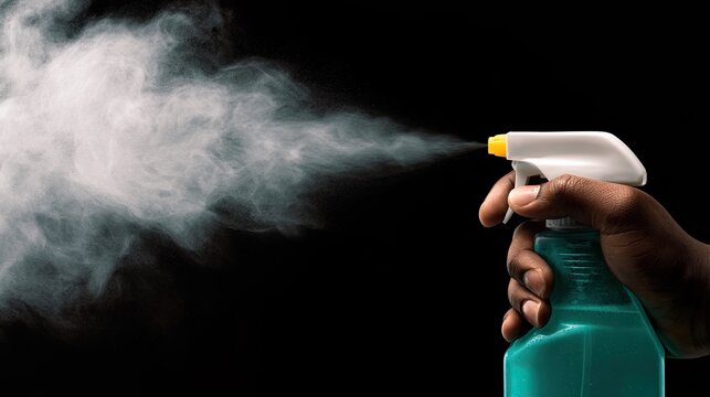 Hand sprays mist from a blue bottle against a dark background
