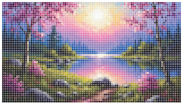Colorful pixel art cityscape with trees and buildings at sunset