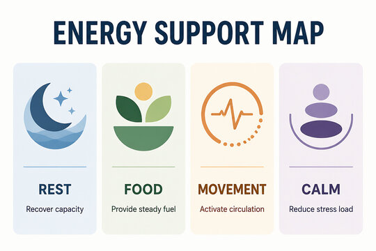 An infographic displays four pillars of well-being: Rest, Food, Movement, and Calm, each with an icon and a brief description.