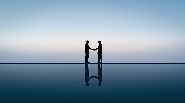 Two silhouetted figures shake hands across a reflective surface under a gradient sky