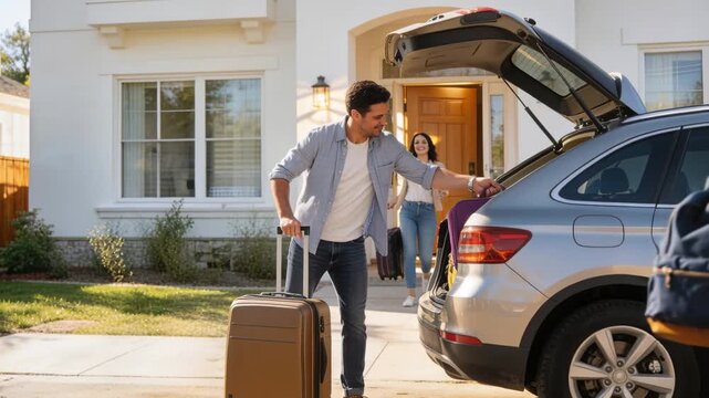 Loading father placing purple bag into SUV trunk as kids coming with teal red bags leaving