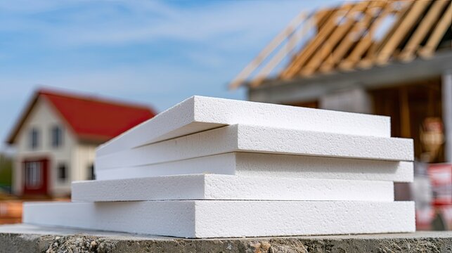 Stacked white insulating foam boards against a backdrop of construction
