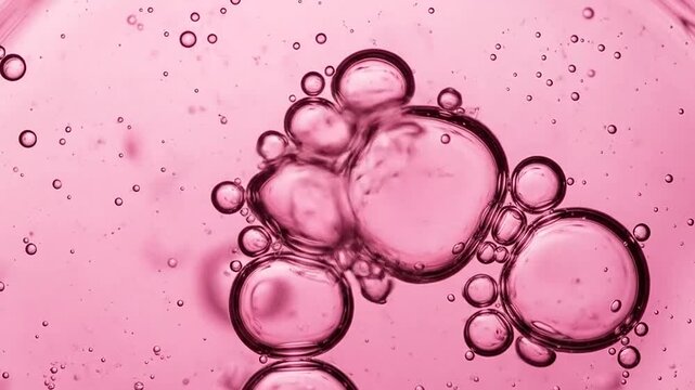 Macro view of pink liquid with floating bubbles.