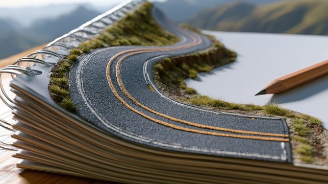 Miniature winding road on open sketchpad, pencil poised to continue journey