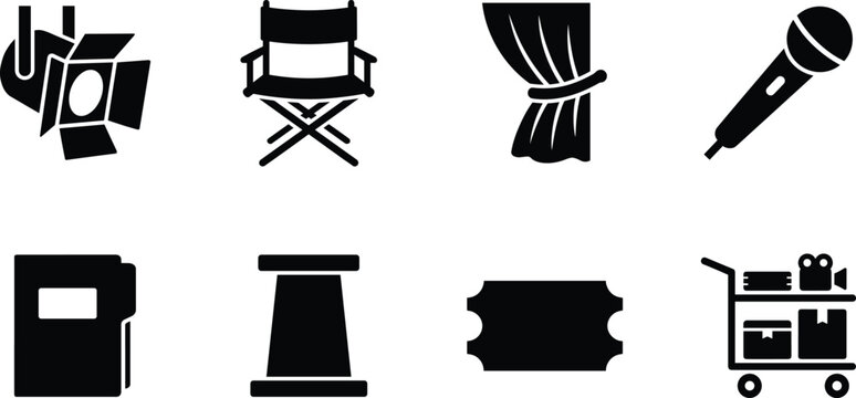 Cinema and theater production icons set featuring director chair spotlight microphone isolated on white background