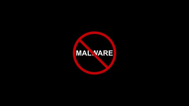 malware prohibition sign animation.4K motion animation , black background .Caution warning symbol, alert, error sign