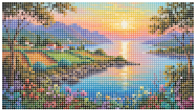 Colorful pixel art landscape with mountains lake and trees in summer
