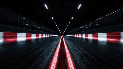 Fototapeta premium Dark, motion-blurred tunnel with red and white barriers, lights ahead
