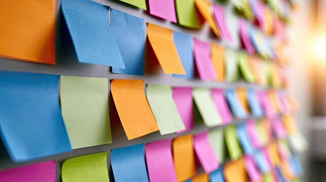 Many colorful sticky notes arrayed on a wall, a creative display