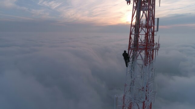 Lone worker ascends towering communication structure above dense cloud layer at dawn