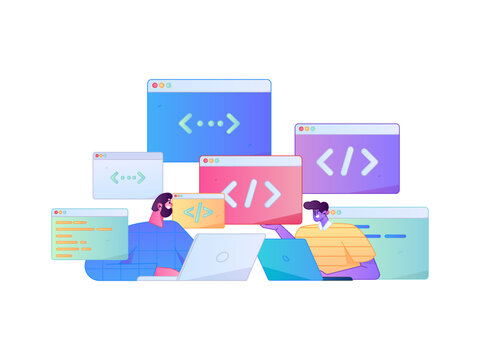 Programming teaching development flat character vector concept operation hand drawn illustration
