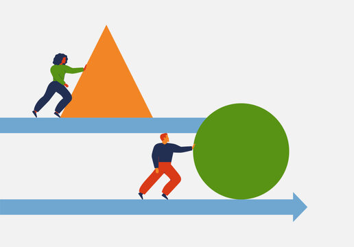 advantage and unfair competition in business. Gender discrimination. Woman moving triangle with effort and man rolls the ball forward with ease. vector illustration