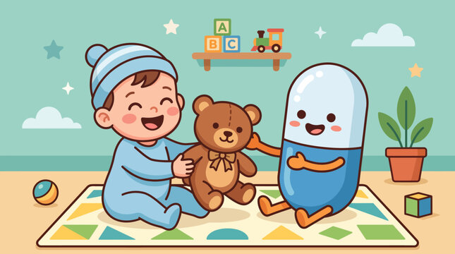 A cartoon baby and robot playing with teddy bear on a mat.