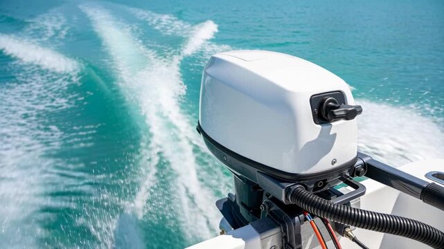 Propelling outboard motor after throttle up, making twin wakes across coastal waterway, copy space