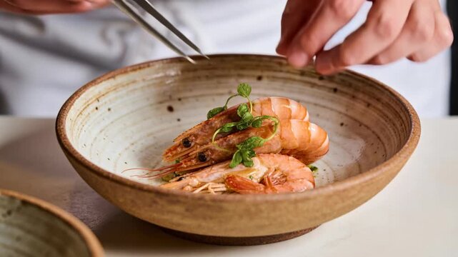 Placing chef hands entering white coat with tweezers aligning two shrimp on pass adding microgreen
