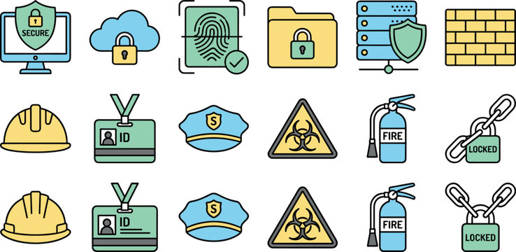 Vector color flat linear icon set featuring cyber data security network protection and industrial work safety element templates with pastel accents