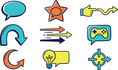 Vector colorful illustration set featuring social media communication and gaming icons including speech bubbles arrows gamepad star lightbulb and target © Khairul