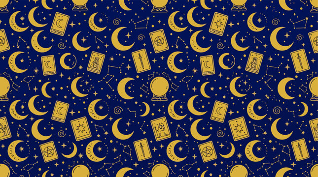 Esoteric tarot card pattern with golden crescent moons and astrology star symbols.