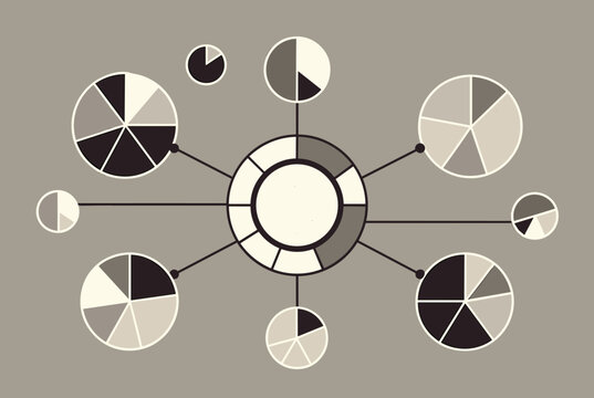 Complex pie chart data analysis diagram showing a central wheel connected to multiple smaller circle graphs.