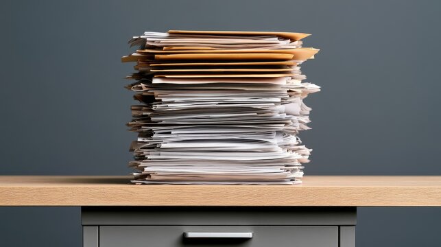Tall stack of paperwork and folders on a desk, a common office sight