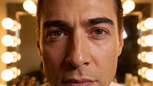 Camera framing actor blinking, fixing hair, refocusing at vanity with bulbs, white-shirt prepping