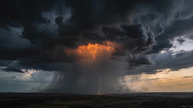 Glowing core flaring, single lightning bolt striking fields near horizon, feeding dense rain shafts