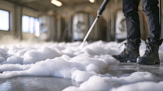 A person in boots uses a high-pressure washer to clean a floor covered in thick foam