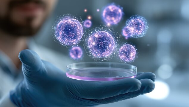 Scientist examines glowing futuristic cells in a petri dish