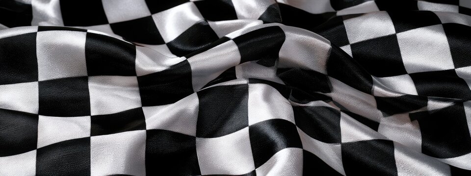 Black and white checkered fabric with satin sheen, rippling dynamically
