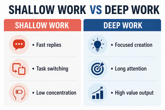 A graphic compares shallow work, characterized by fast replies and task switching, with deep work, involving focused creation and high value output.