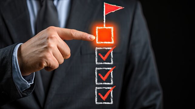 Man's finger points to glowing red square on checklist with flag