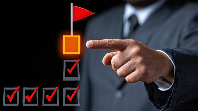 A hand in a suit points to a checklist with a goal highlighted