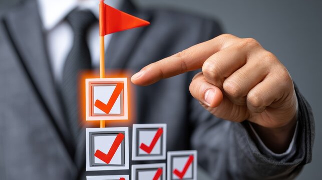 Person's hand pointing to a checked box on stacked blocks with a flag