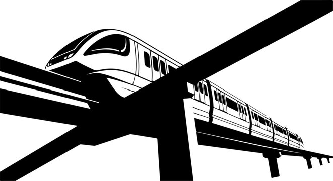 Monorail train, metro line, urban transit, black and white vector