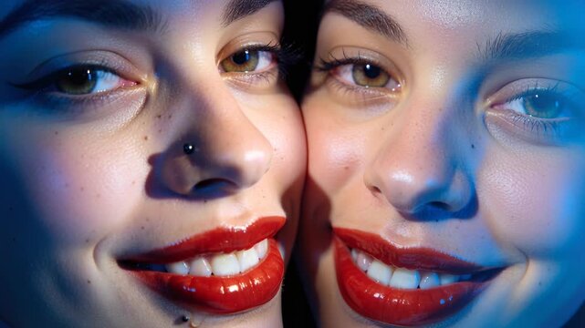 Shot starting, duo opening mouths, sticking tongues out in set for mirrored pose red-lips nose stud