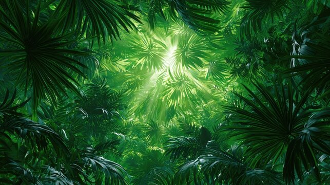 Lush, vibrant jungle canopy with sunlight filtering through dense foliage