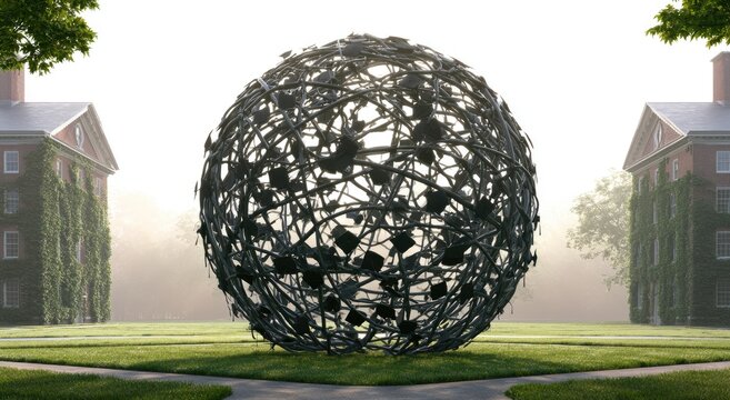 A large, intricate metal sphere sculpture on a manicured lawn between two brick buildings