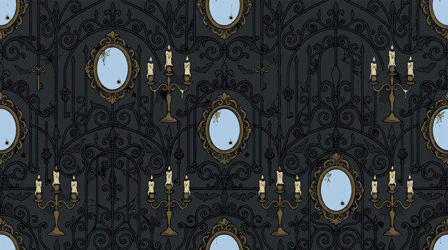 Seamless gothic wallpaper pattern with vintage ornate mirrors and silver candelabra.