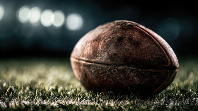 Old weathered football resting on wet grass under stadium lights