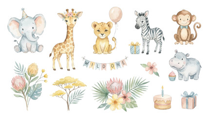 Obraz premium Cute safari animals with tropical floral accents in soft watercolor style. Collection of Vector illustrations for invitation, card, poster, banner, decoration