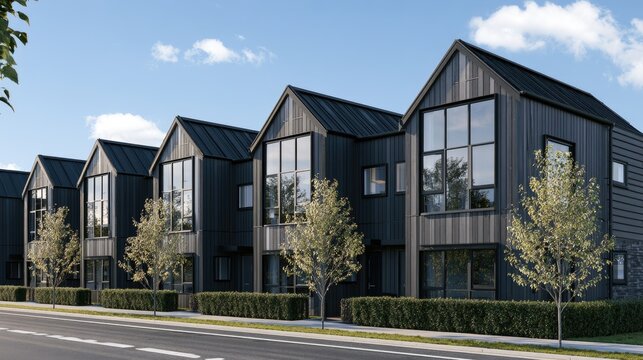 Row of modern dark-clad townhouses with peaked roofs and large windows