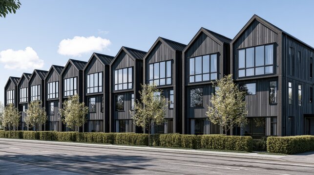 Modern dark wood row houses with large windows against blue sky