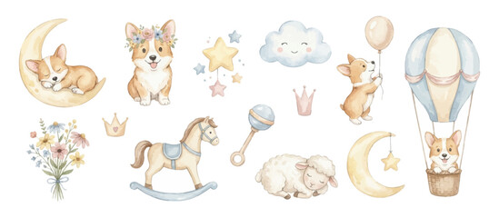 Obraz premium Cute sleeping corgi puppies with dreamy nursery elements in watercolor style. Collection of Vector illustrations for invitation, card, poster, banner, decoration 